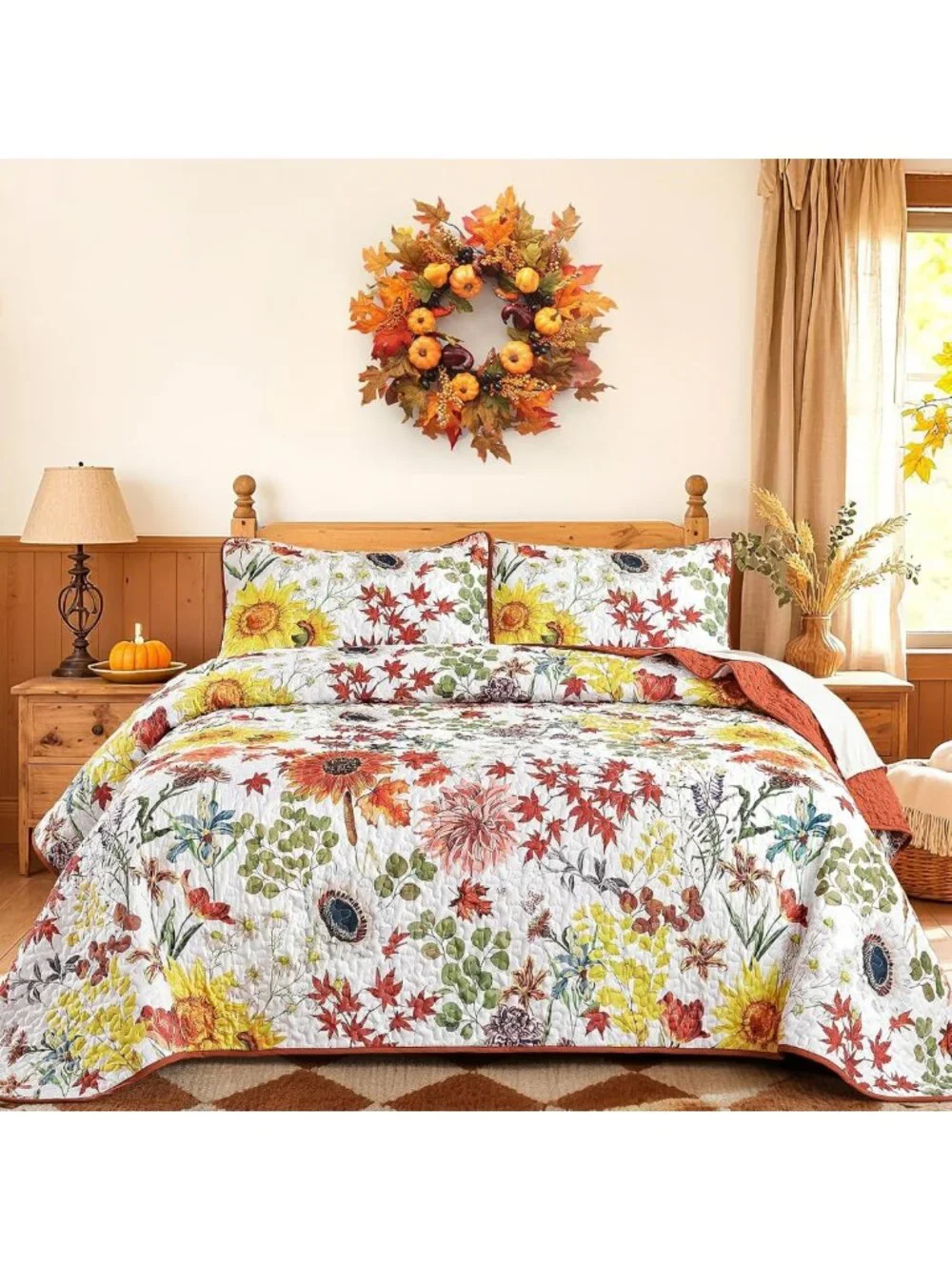 King Size Fall Floral Quilt Set - Orange Red Sunflower Bedding for Cozy Decor